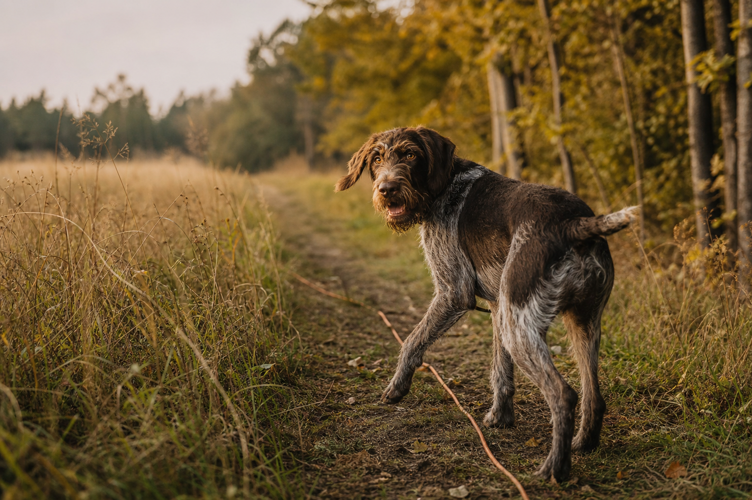 Jagdhund dreht sich auf dem Rückweg zum Menschen um