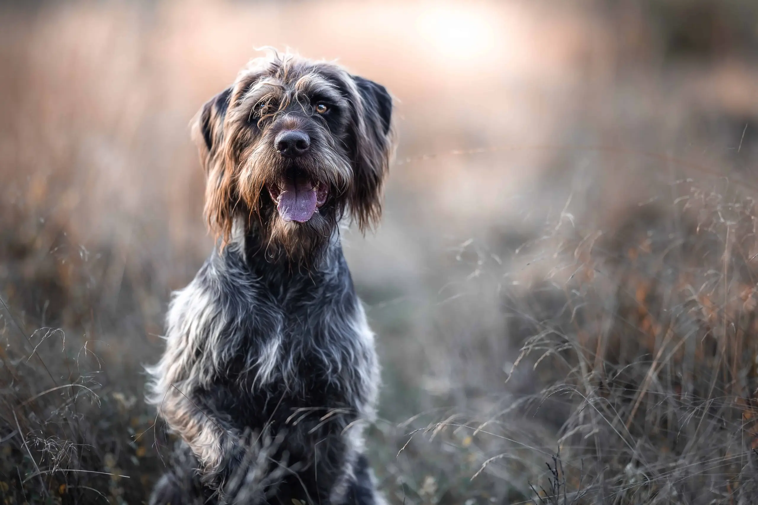 Rauhaariger Jagdhund schaut aufmerksam in die Kamera