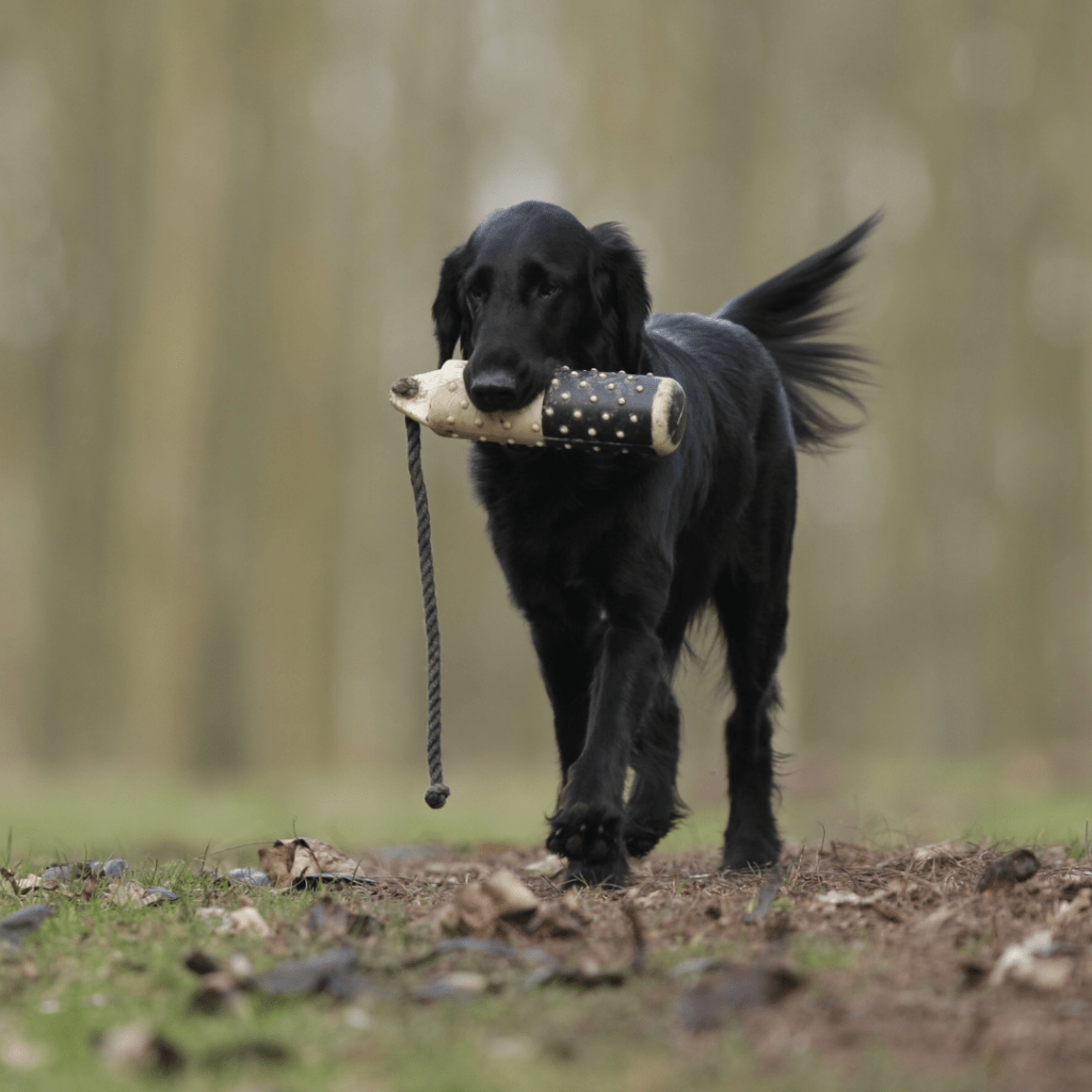 Home Schwarzer Retriever trägt ein Dummy auf einem Waldweg zurück – Dummytraining