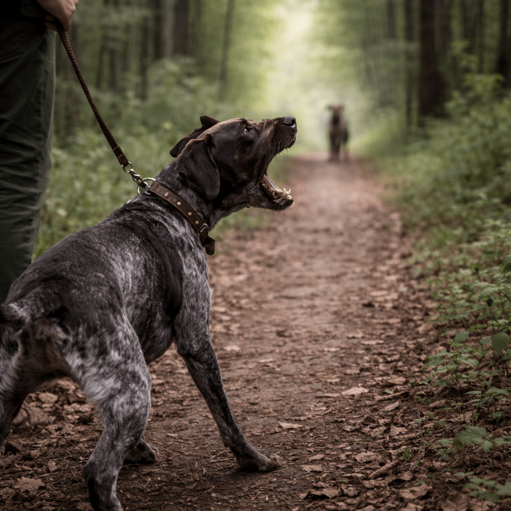 Home Deutsch Kurzhaar geht an gespannter Leine bellend auf einen entgegenkommenden Hund zu