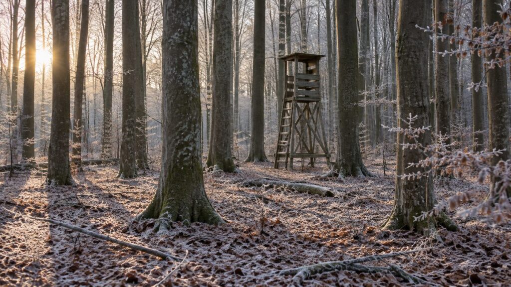 Buchenwald mit Raureif auf dem Laub und einer unbesetzten hölzernen Ansitzleiter bei tiefstehender Wintersonne