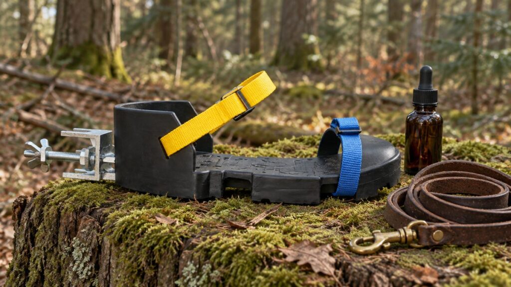 Fährtenschuh mit blauem und gelbem Riemen, dunkle Tropfflasche und Lederschweißriemen auf einem bemoosten Baumstumpf im Wald