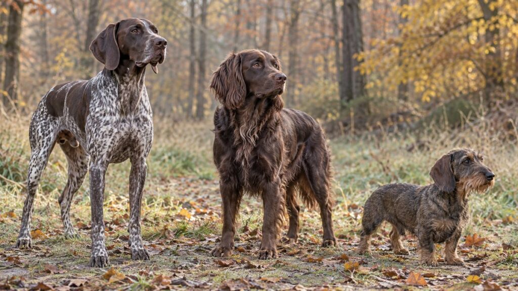 Jagdhunderassen im Vergleich: welcher Jagdhund passt zu dir? Deutsch Kurzhaar, Deutscher Wachtelhund und Rauhaardackel stehen nebeneinander in einem herbstlichen Laubwald