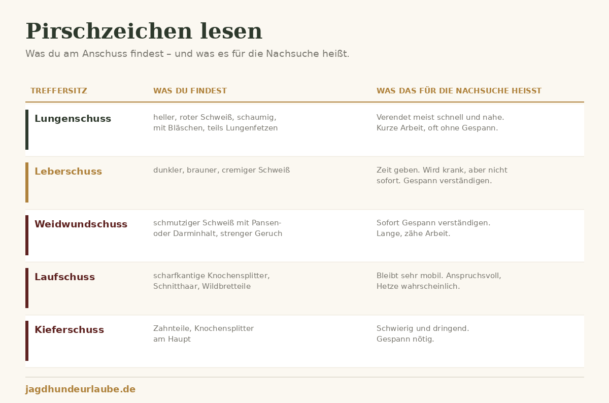 Schaubild Pirschzeichen: Lungenschuss, Leberschuss, Weidwundschuss, Laufschuss und Kieferschuss mit den jeweiligen Zeichen am Anschuss