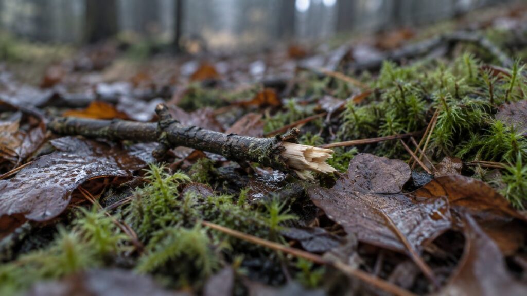 Nahaufnahme eines feuchten Waldbodens mit Laub, Moos und einem Zweig mit hellem Bruchende
