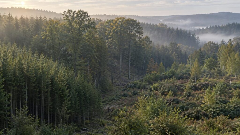 Blick über eine Waldlandschaft mit Stangenholz, Altholz und verbuschter Lichtung, Nebel in den Senken