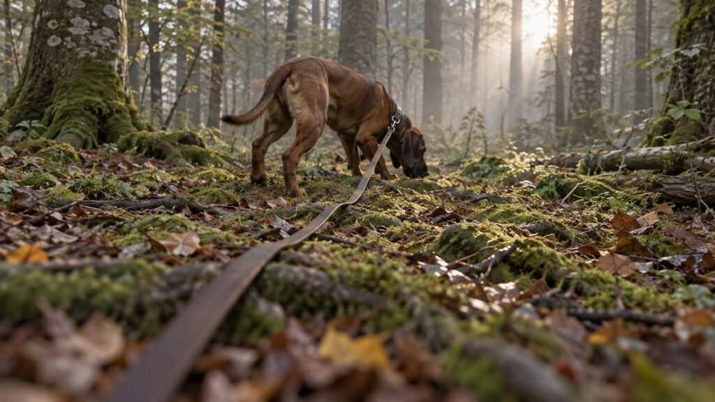 Jagdhund arbeitet mit tiefer Nase am langen Schweißriemen über den Waldboden im Morgenlicht