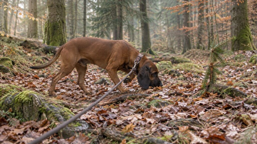 Riemenarbeit: den Hund am Schweißriemen führen Bayerischer Gebirgsschweißhund arbeitet mit tiefer Nase am Schweißriemen über herbstlichem Waldboden