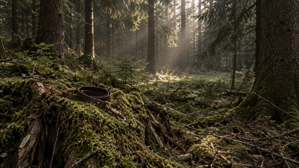 Aufgerollter Lederschweißriemen auf einem bemoosten Wurzelteller in einem Fichtenbestand mit Morgenlicht