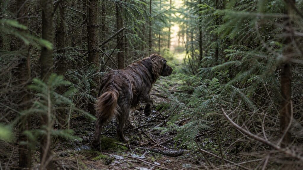 Jagdhund arbeitet in dichter Fichtenverjüngung und sichert zur Seite
