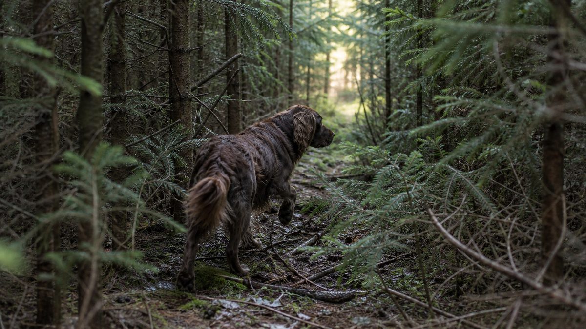 Jagdhund arbeitet in dichter Fichtenverjüngung und sichert zur Seite
