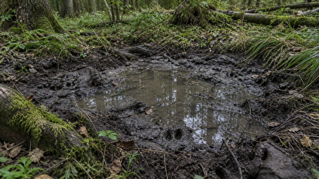 Suhle mit aufgewühltem Schlamm, stehendem Wasser und Abdrücken von Schalenwild im weichen Rand